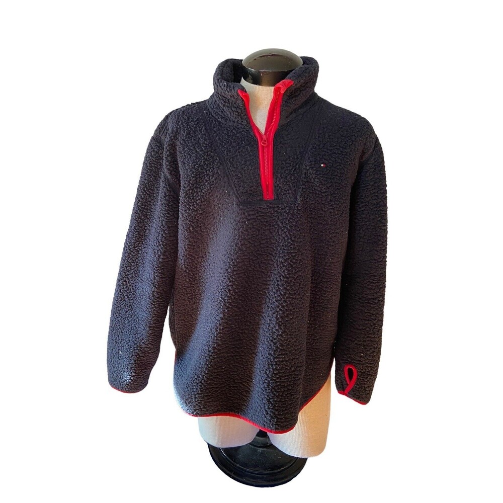 Tommy Hilfiger Women's Sherpa 1/4 Zip Jacket Size L Blue Thumb Holes Preppy - Picture 2 of 11